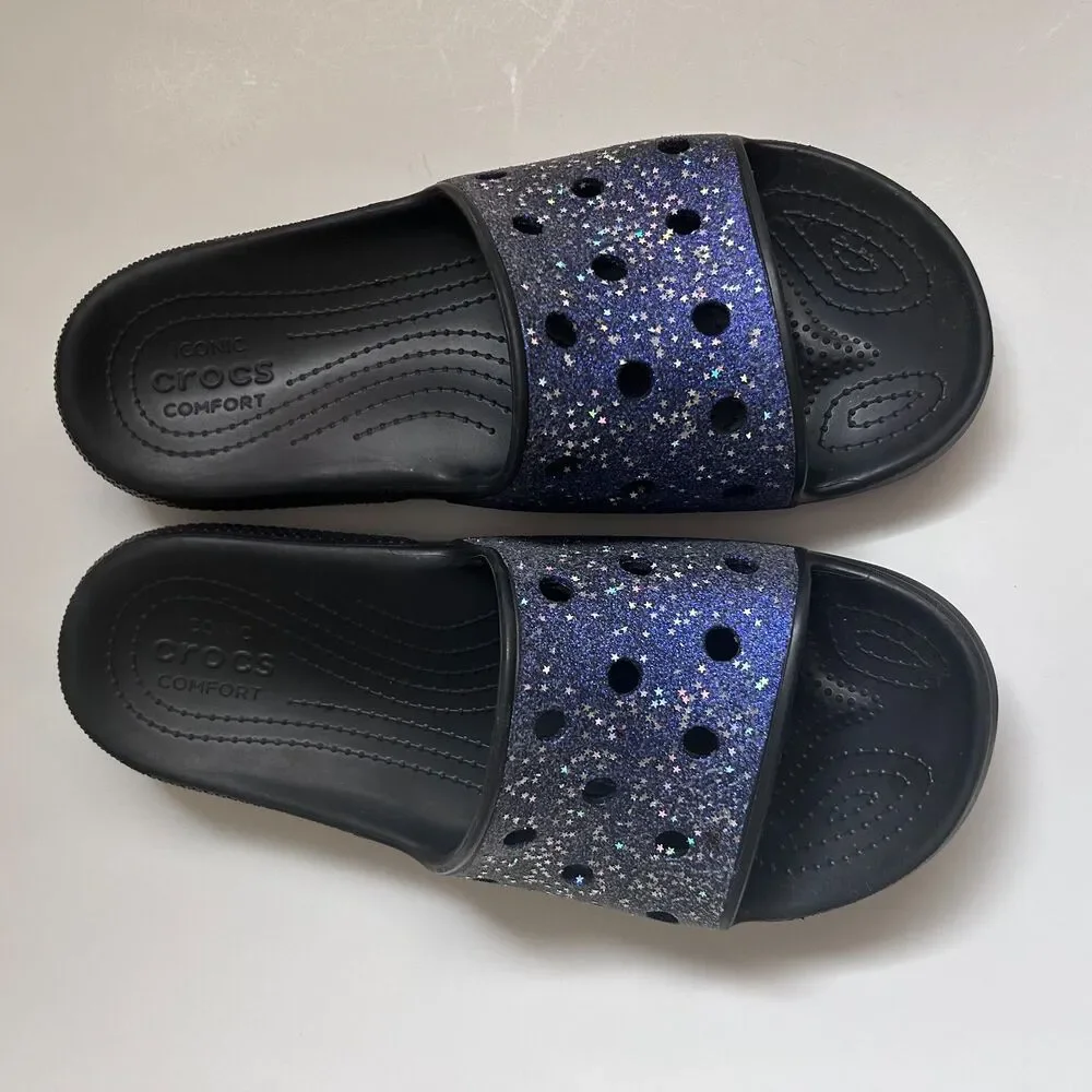 Crocs Iconic Comfort Glitter Star Slides Men’s M12 Black Purple Sparkle Sandals